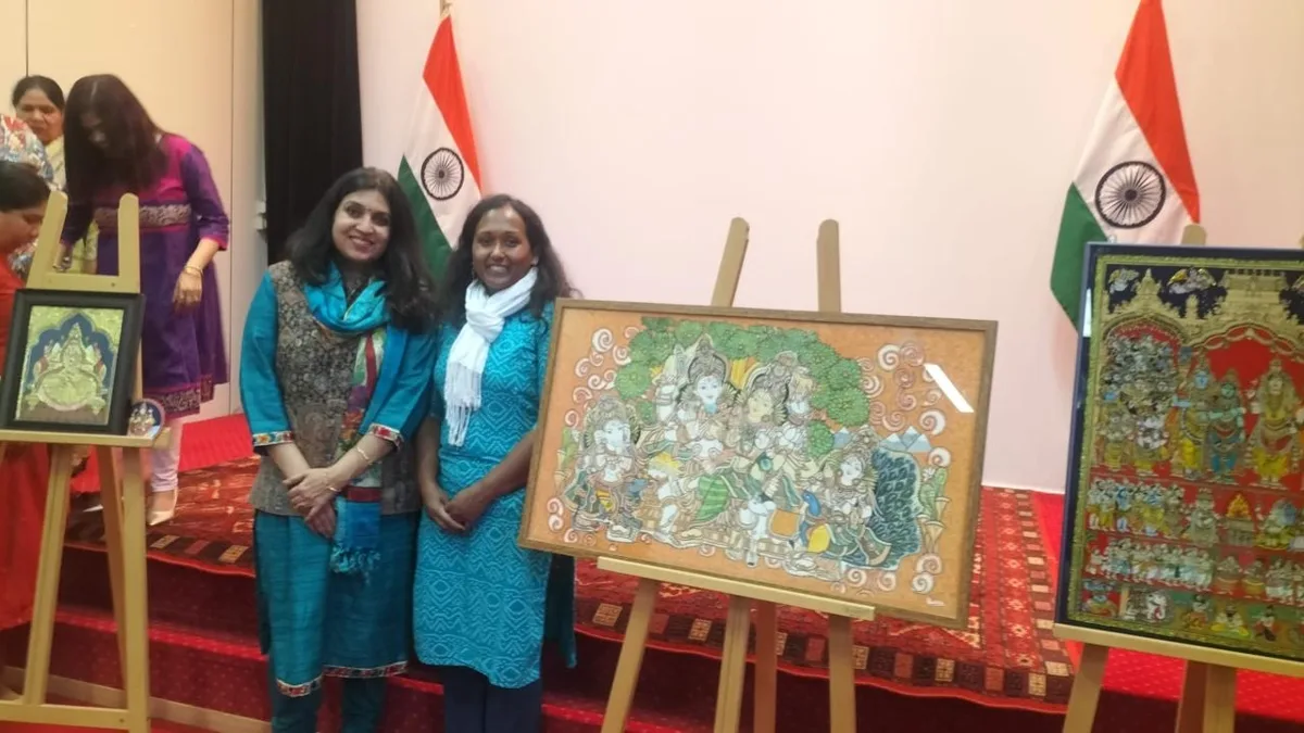 Thanjavur paintings on easels, exhibited at the workshop