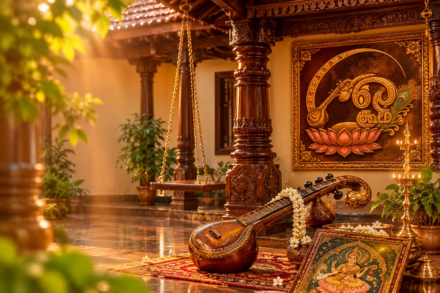 A heritage courtyard with a Saraswathi veena, jasmine garland, brass lamp and Thanjavur painting, with the Oviya Koodam emblem on the wall