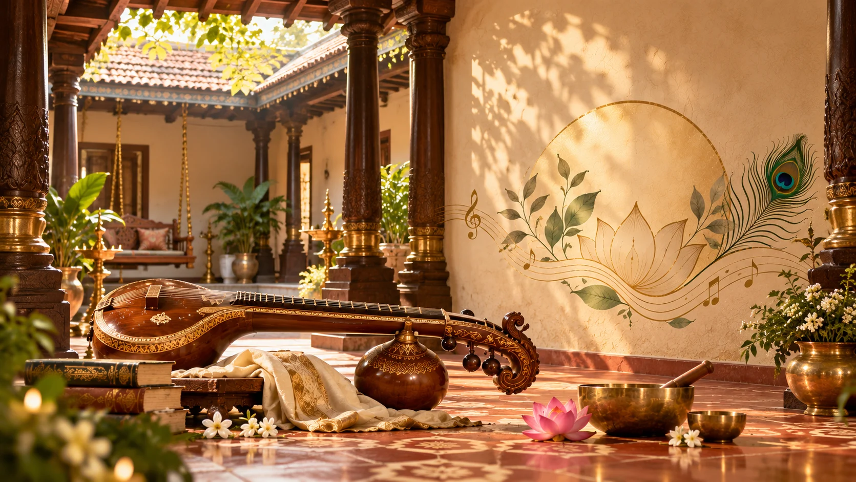 A Saraswathi veena resting on silk in the koodam of a traditional South Indian home, with a lotus and musical notes painted on the wall
