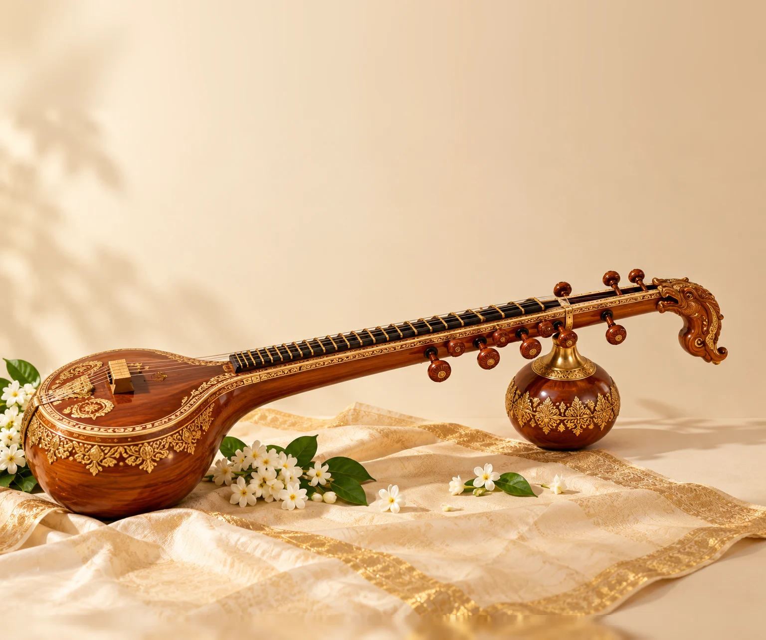 A Saraswathi veena with a downward-curving yali, resting on silk with jasmine flowers