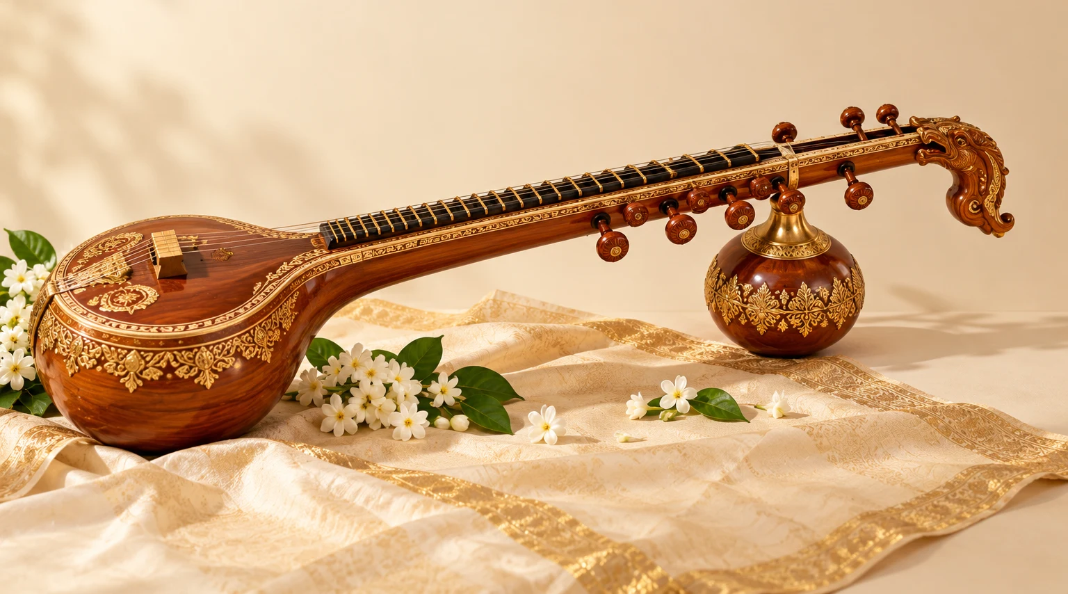 A Saraswathi veena resting on silk with jasmine flowers