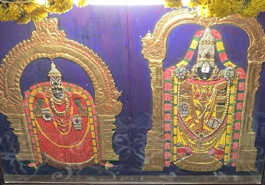 Thanjavur painting of Sri Venkateswara and Padmavati in a home shrine